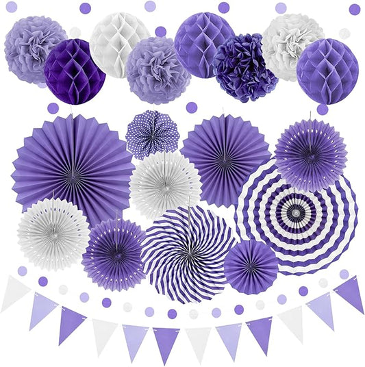 Purple Party Decorations,23Pcs Lavender Birthday Decorations with Hanging Paper Fans,Pom Poms Flowers Packs for Girls Women Birthday Party, Bridal Shower,Baby Showers,Wedding