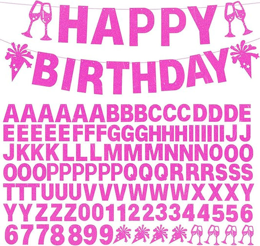 129Pcs DIY Custom Letter Banner Glitter Customizable Banner Kit 0-9 Numbers DIY Girls Happy Birthday Letters Valentine's Day Personalized Banners Birthday Party Decorations Supplies(Dazzling Rose Pink)