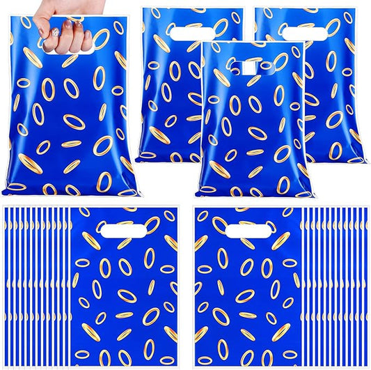 Faccito 40 Pcs Video Game Party Favors Bags Blue with Gold Ring Print Themed Goodie Bags Candy Snack Treat Plastic Supplies for Birthday Game Party Decorations Gifts