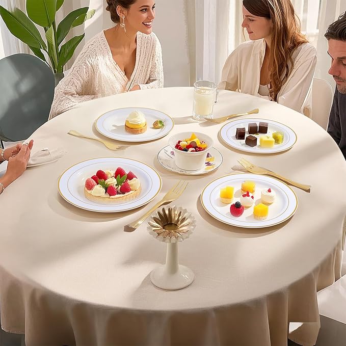 WELLIFE 60 PCS Gold Plastic Dessert Plates and 60 PCS Forks, 6.3 inch Disposable Salad Plates, Premium White Appetizer Plates with Gold Rims, Perfect for Party and Wedding