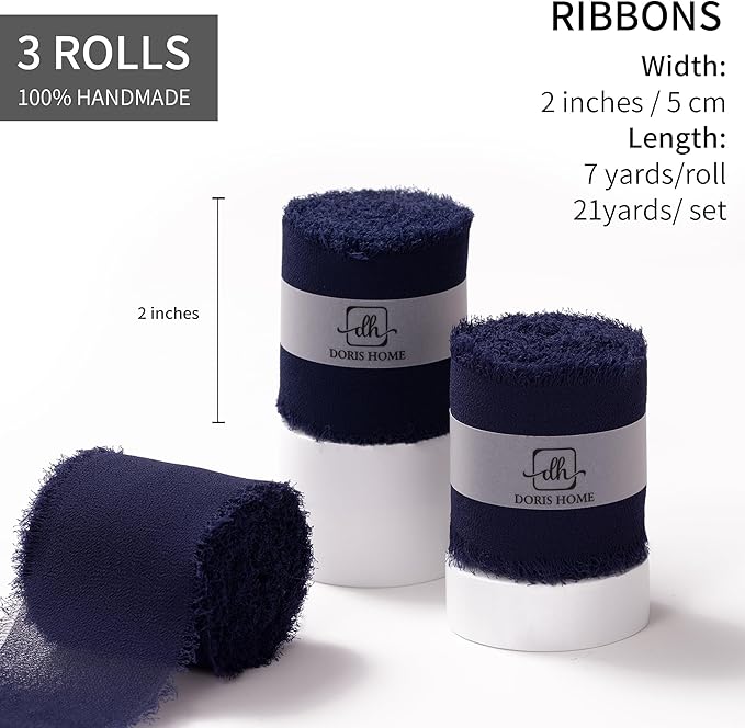 DORIS HOME Dark Navy Chiffon Ribbon for Flower Bouquet, 2" x21Yd Fabric Ribbon for Gift Wrapping, Handmade Frayed Ribbon for Wedding/Christmas Decorations