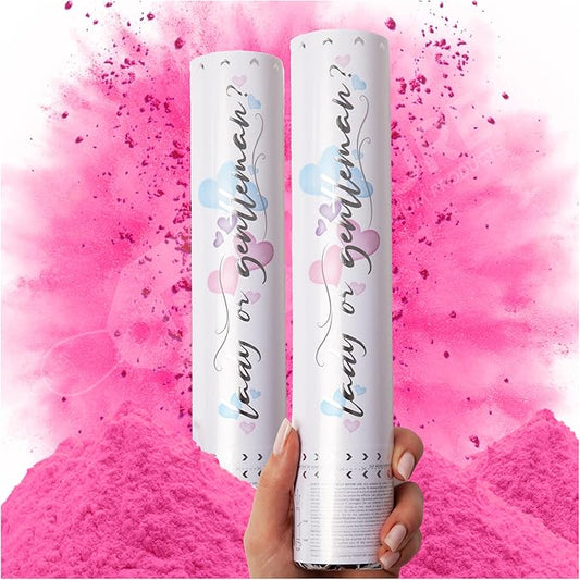 PrimePure Gender Reveal Confetti Cannon - Biodegradable Powder Cannon - Pink, 2 Pack - Baby Girl Gender Reveal Smoke Bomb - Pink Baby Powder Party Poppers Confetti Shooters