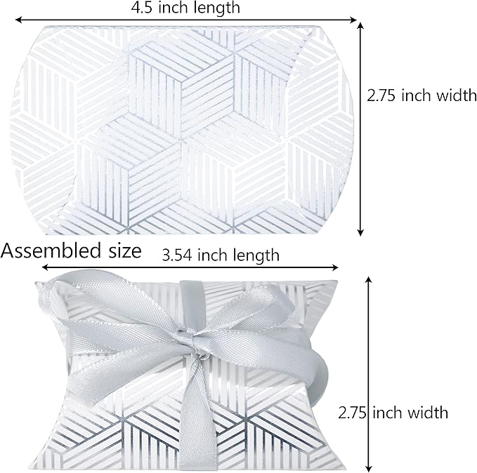 Aokbean 100 Pack Mini Pillow Candy Box Small Gift Boxes with 50 Yards Ribbon for Christmas Wedding Party Favor Gift, Jewelry or Soap Packaging (Silver Stripes)