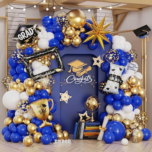 135Pcs Royal Blue Gold White Graduation Balloon Garland Arch Kit,with Explosion Star,Diploma,Trophy,Grad Hat,Photo Frame Foil Balloon for Class of 2026 Graduates Celebration Party Decoration