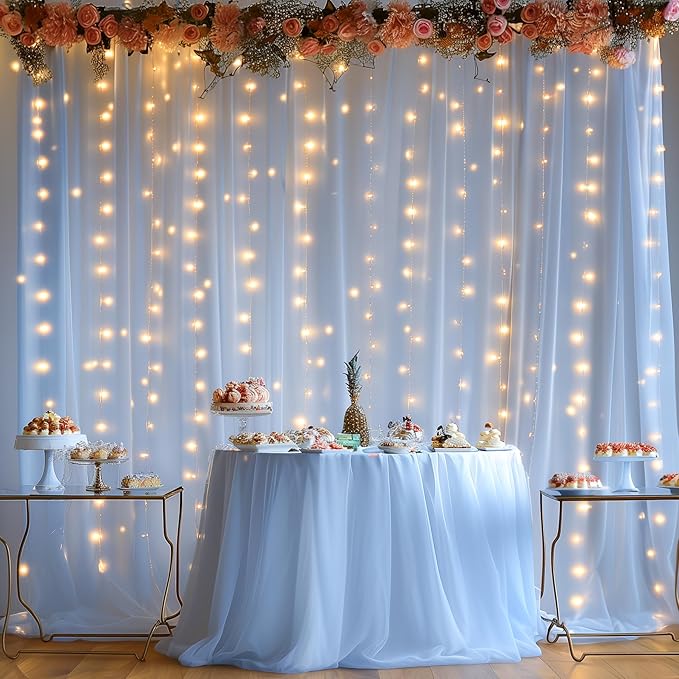 10x10ft Baby Blue Tulle Backdrop Curtain with Lights String for Parites, Sheer Photo Backdrop Curtain Drapes for Wedding Baby Shower Bridal Shower Birthday Party Photo Shoot Decorations
