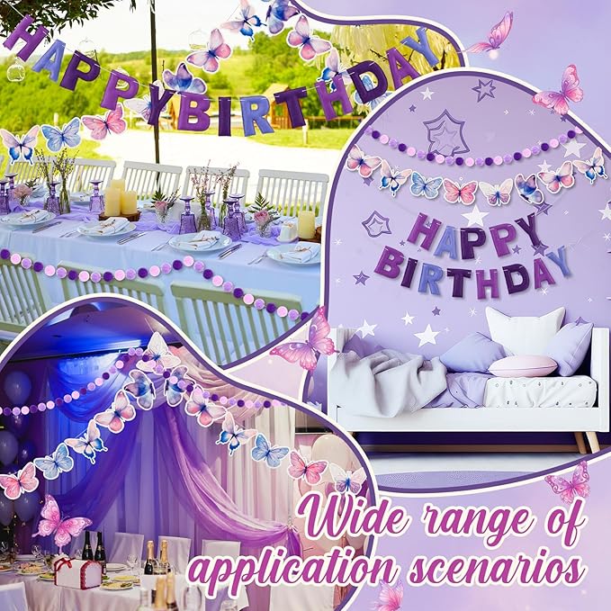 Mindsoft Pre Strung 3 Pcs Happy Birthday Banner Felt Ball Garland Butterflies Banner Reusable Bulk purple Birthday Decorations for Girls Boys Women Men