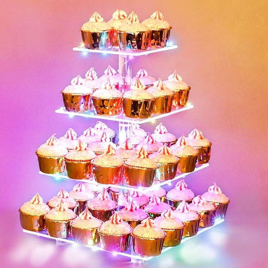 WeddingWish Cupcake Display Stand, 4-Tier Acrylic & Copper, Multicolor LED Light, 50 Cupcakes