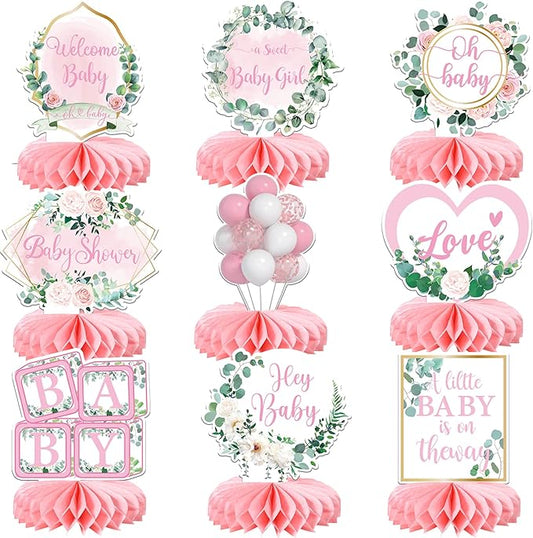 9 PCS Baby Shower Honeycomb Table Centerpieces Floral Leaves Welcome Baby Girl Birthday Party Table Centerpiece Decorations for Baby in Bloom Gender Reveal Theme Girls Birthday Party Supplies Pink