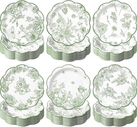 Funnymoom 60 Pcs 7" Sage Green Floral Party Plates Vintage Floral Leaf Disposable Paper Plates Green Toile Scalloped Dessert Plate for Spring Wedding Bridal Baby Shower Tea Party Decoration Supplies