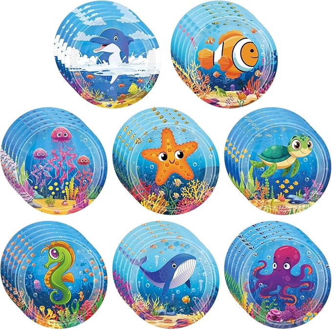 80 Pcs Under The Sea Party Decorations Ocean Birthday Paper Plates 7'' Underwater Creature Disposable Dessert Plate Dinnerware for Sea Life Animal Picnic Wedding Bridal Shower Tea Party Favor