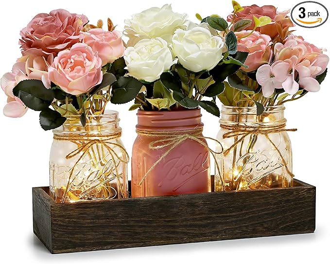 Mason Jar Centerpiece Table Decor for Dining Room Farmhouse Coffee Table Decor with Wood Tray Fairy Lights Fake Flowers for Valentine's Day Kitchen Living Dining Room - Pink White