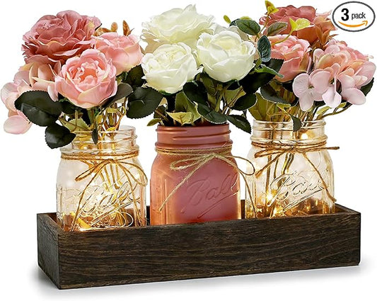 Mason Jar Centerpiece Table Decor for Dining Room Farmhouse Coffee Table Decor with Wood Tray Fairy Lights Fake Flowers for Valentine's Day Kitchen Living Dining Room - Pink White