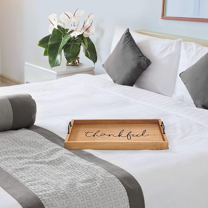 Elegant Designs HG2000-NTF Decorative Wood Serving Tray w/Handles, 15.50" x 12", Thankful (Pack of 4)