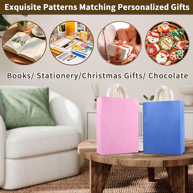 Mstar Pack 32Pcs Medium Kraft Paper Gift Bags with 8-Color Tissues, 8.26"×10.6"×4.3" Bulk Party Favor Bags with Handles - Fits Candies, Toys, Small Gifts for Kids Birthday, Baby Shower, Wedding, DIY Crafts