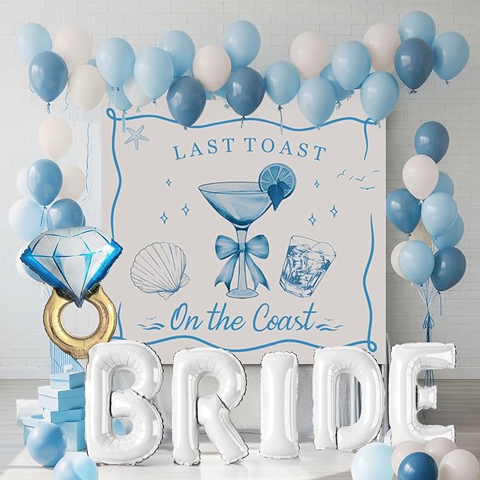 Last Toast on the Coast Bachelorette Decorations Blue bridal shower sand Balloon Garland Kit with Backdrop Huge 40 inch BRIDE letter Diamond Ring balloons for Hen Party Wedding Engagement supplies