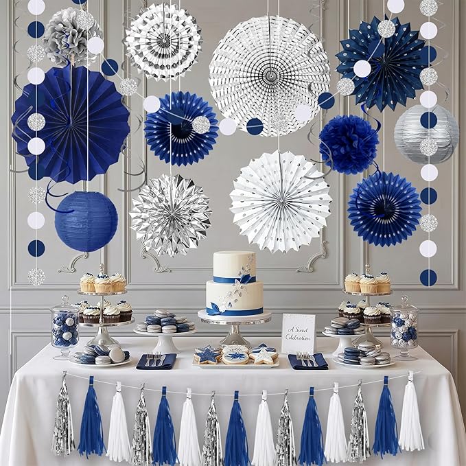 MEIDUO 34 Pcs Blue and Silver Party Decorations, Hanging Paper Lanterns Fans Pom Poms Set, Blue Streamers, 2026 Graduation Party Decorations Supplies, Birthday Decorations for Men Boys