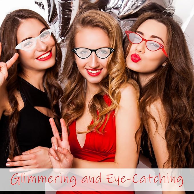 10PCS Cat Eye Glasses with Rhinestones 50s 60s Retro Old Lady Glasses Party Costume Glass for Cossplay Dress Up Party Favor