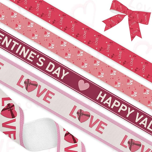 4 Rolls Valentine's Day Ribbon Set, Heart Pattern Ribbons for Wedding Gift Wrapping & DIY Crafts, 1x 1.5 (38mm) & 3X 0.78 (20mm) Rolls 5 Yards Each
