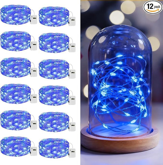 litogo 12 Pack 7FT 20 LED Fairy Lights Battery Operated, 3 Lighting Modes, Bulk Mini Twinkle String Lights Waterproof Silver Wire for Weddings Mason Jars Party Christmas Decorations-Blue