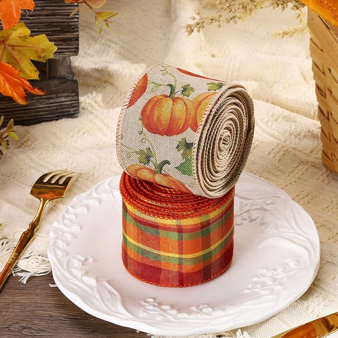 LaRibbons Fall Burlap Plaid Ribbon Wired 2 1/2" x 6 Yards 2 Rolls, Pumpkin Plaid Ribbon for Autumn Wreath Thanksgiving Farm Gift Wrapping Home Decor