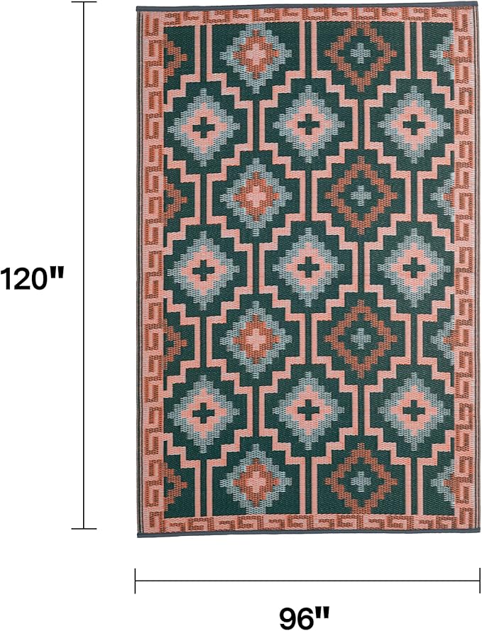 Fab Habitat Outdoor Rug - Waterproof, Fade Resistant, Crease-Free, Reversible - Premium Recycled Plastic - Vintage Boho Kilim - Large Patio, Deck, Sunroom, Camping, RV - Lhasa - Green - 8 x10 ft