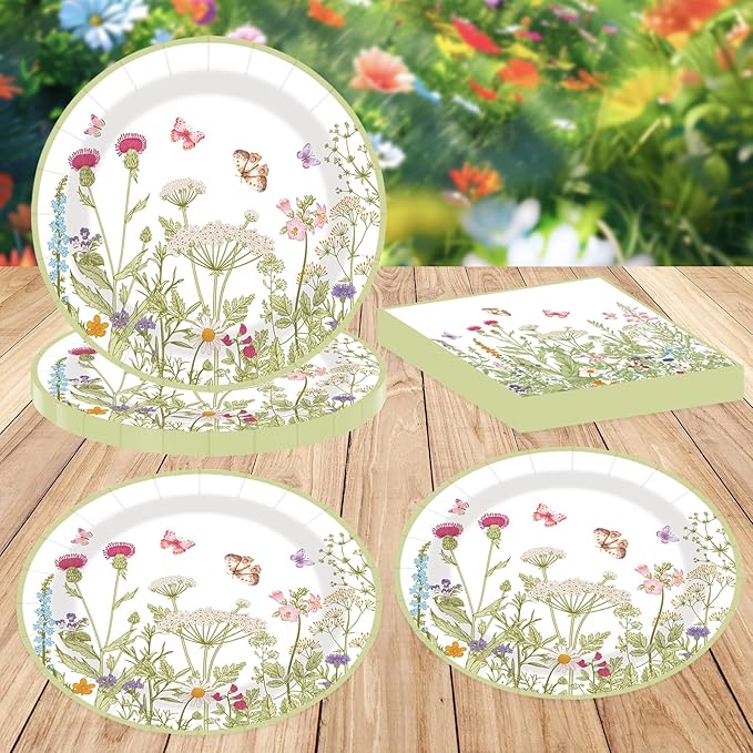 40 pcs Pary Paper Plates and Napkins Disposable Spring Flower 9 inch 20 pcs Dessert Party Plates & 20 pcs Napkins Tableware for Wedding Party Decorations