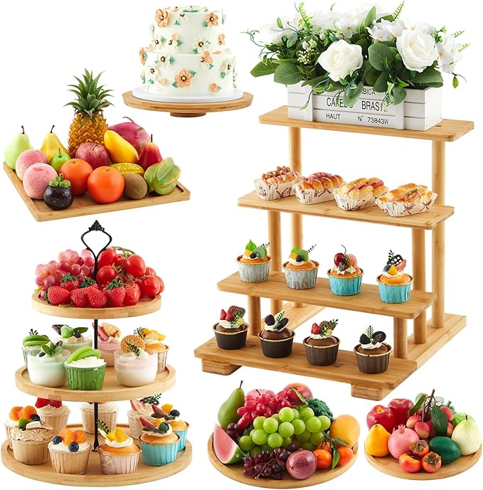 Roowest Wood Cake Stands Set of 6 Wood Dessert Tower Trays Stand Cupcake Stand Rustic 3 Tier Farmhouse Cupcake Serving Stands with Dessert Trays for Tea Party (Bamboo)