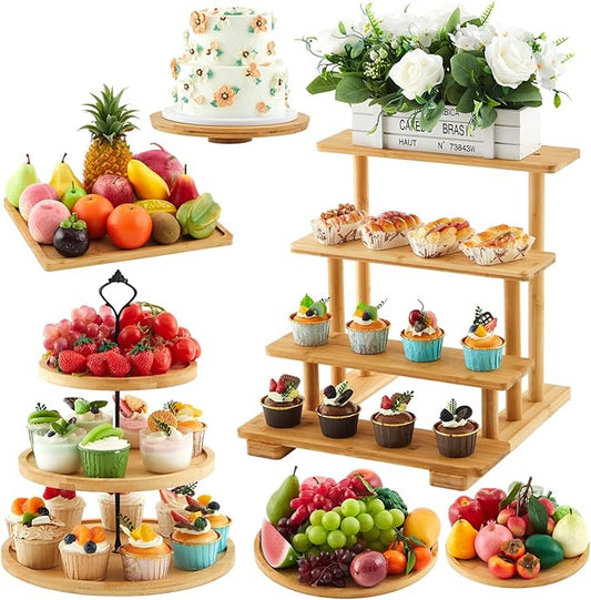 Roowest Wood Cake Stands Set of 6 Wood Dessert Tower Trays Stand Cupcake Stand Rustic 3 Tier Farmhouse Cupcake Serving Stands with Dessert Trays for Tea Party (Bamboo)
