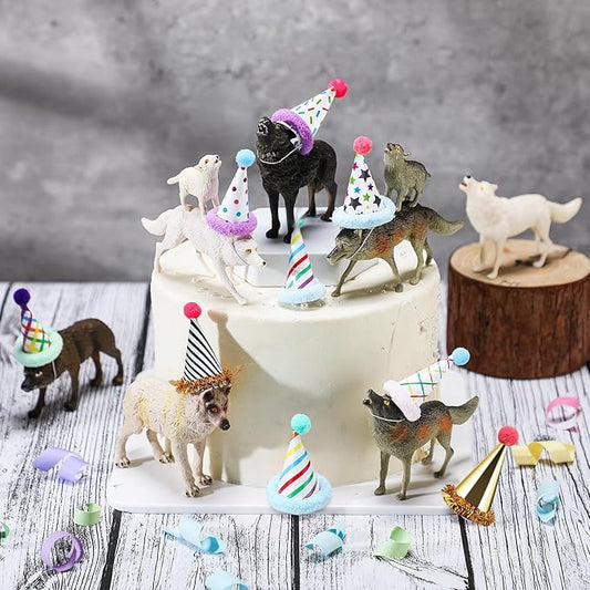 Colingmill 18 Pcs Wolf Miniature Birthday Hats & Figures Cake Toppers with Mini Hat for Birthday Party, Animal Themed Party