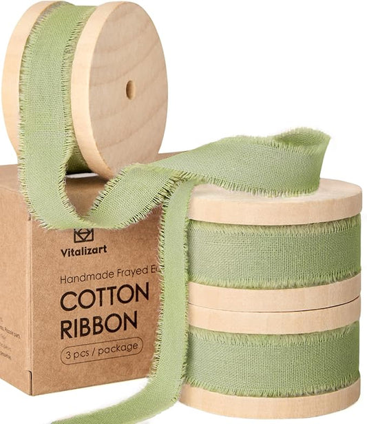 Vitalizart Sage Green Cotton Ribbon Handmade Fringe 5/8" x 21 Yd Pure Natural Cotton Ribbons for Gift Wrapping Wedding Invites Bridal Shower Bouquets Holiday Decor
