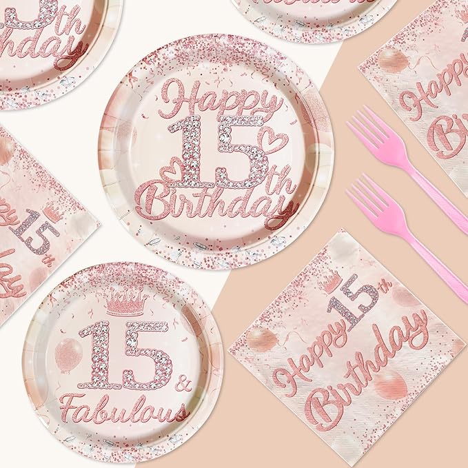 96Pcs 15th Birthday Decorations for Girls Rose Gold 15 Year Old Birthday Plates Napkins Forks Disposable 15th Girl Bday Tableware Set for Girls 15 Year Old Birthday Fabulous Party Supplies Serve 24