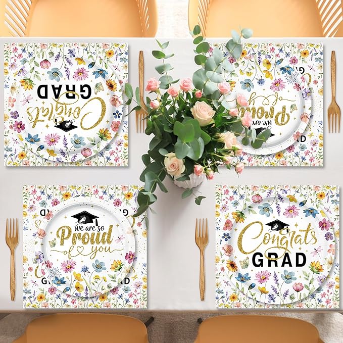 100 Pcs Floral Graduation Party Tableware Set – Disposable “Congrats Grad” Paper Plates and Napkins with Wildflower Design for Graduation Party, School and Home Celebrations – Serves 25