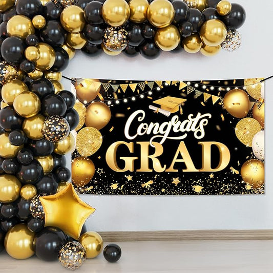 KatchOn, Black and Gold Graduation Decorations 2026 - Huge, Pack of 112 | Graduation Balloons Class Of 2026 | Congrats Grad Banner, Gold Grad Party Decorations 2026 | Black and Gold Balloon Arch Kit