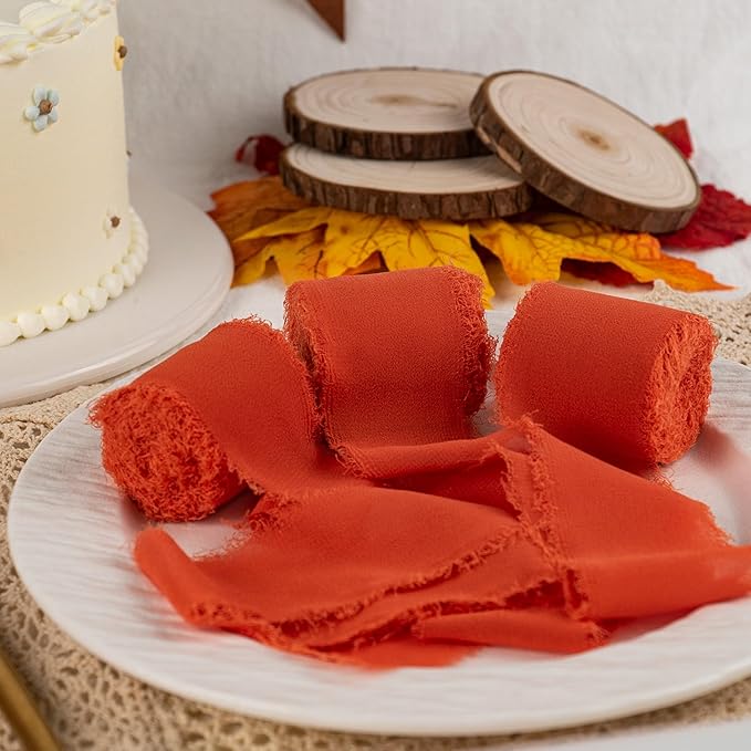 Chiffon Ribbon, Orange Silk Ribbons, Halloween Fall Party Decoration, 1.5''x21Yd Handmade Frayed Fringe Decor for Gift Wrapping, Floral Vase, Crafts, Fall Thanksgiving Decor, Wedding, 3 Rolls