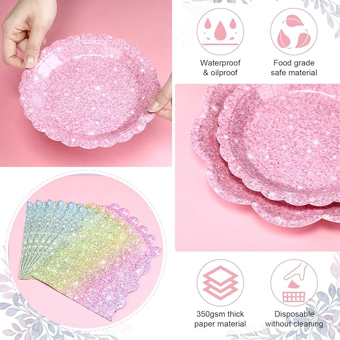 144 Pcs 48 Guests Pastel Glitter Party Plates and Napkins Pastel Scalloped Paper Plates Napkins Glitter Disposable Tableware for Birthday Bridal Baby Shower Wedding Decorations Party Supplies