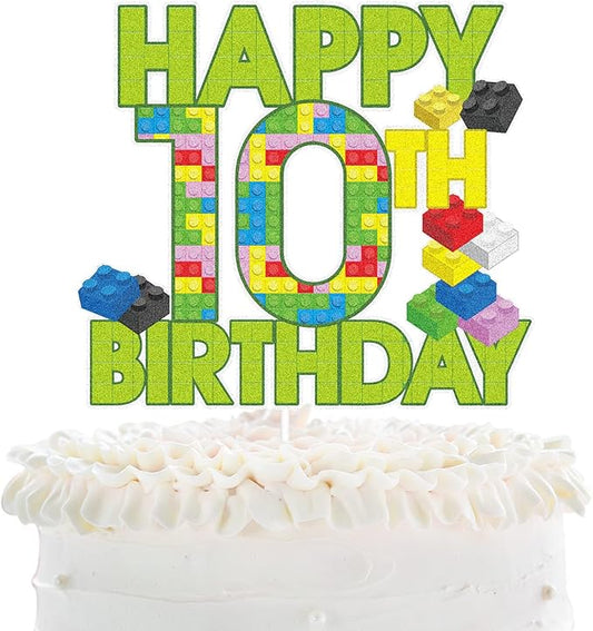 Happy 10th Birthday Building Block Cake Topper - Puzzle Games 10th Birthday Party Green Cake Topper Supplies - Building Block Party Decoration For Adult