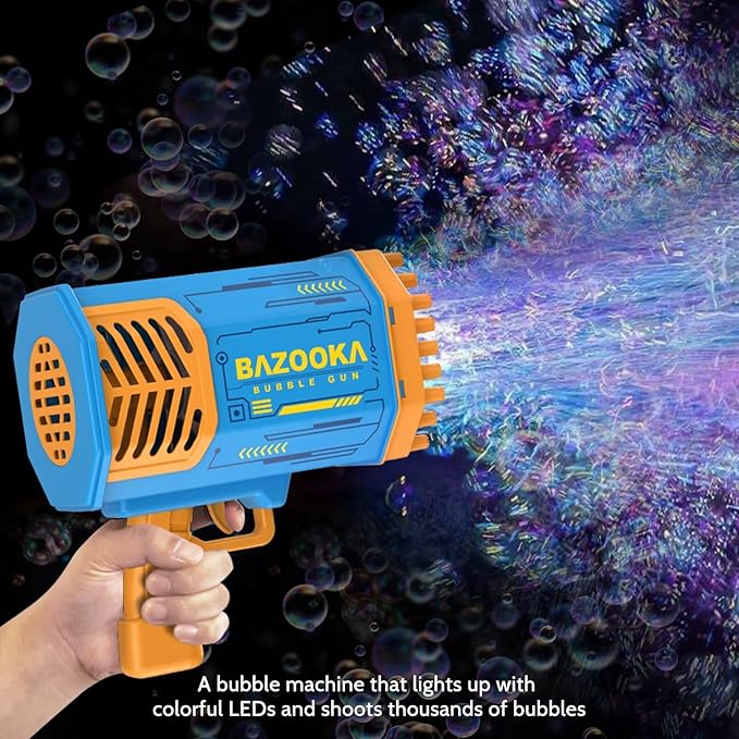 Bubble Gun Bazooka Machine with Solution - 69 Holes Blaster for Outdoor Summer Toy, Party Favors - Blue Easter Bubble Maker Blowers for Kids