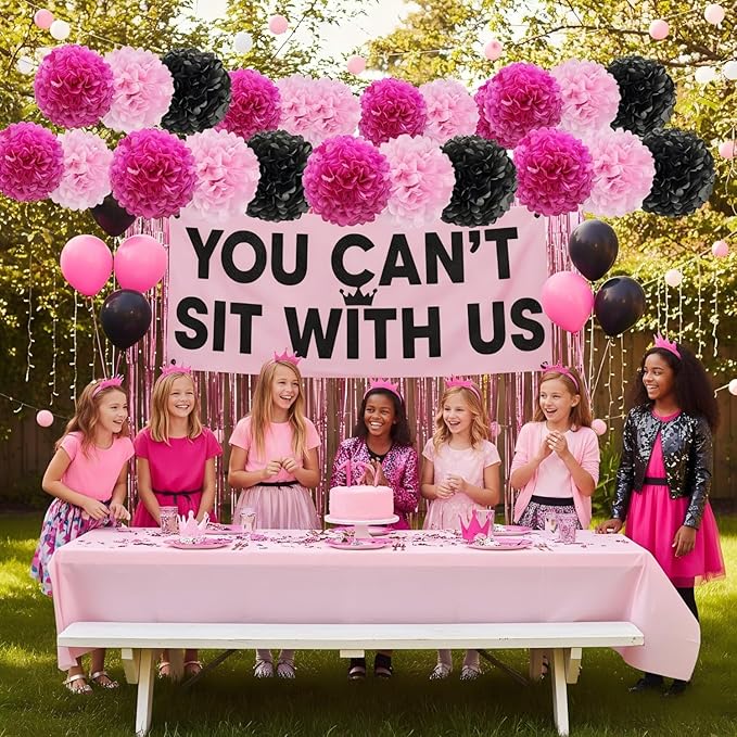 Pink and Black Paper Pom Poms (12 Pack) - Hanging Tissue Flowers for Birthday Party Ceiling Decorations