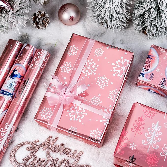 Burymento Pink Christmas Wrapping Paper - 3 Rolls - 17 In X 120 In Per Roll - Cute Shiny Christmas Trees, Snowflakes, Reindeer Design Gift Wrap for Holiday, XMAS Gift Packaging