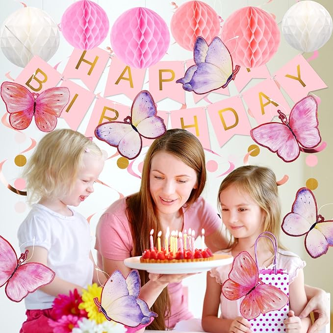 meowtastic Birthday Decorations, Happy Birthday Banner with Honeycomb Balls, Butterfly Hanging Swirl Streamers, Circle Dots Garland, Happy Birthday Party Decorations for Women Men Boys Girls (Pink)