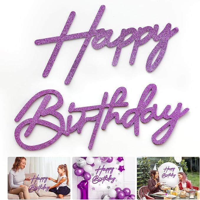 Purple Happy Birthday Sign for Backdrop - Glitter Purple Happy Birthday Letters Felt Sign Remove for Balloon Arch Party Balloon Arch Backdrop Decorations for Birthday Party Baby Shower