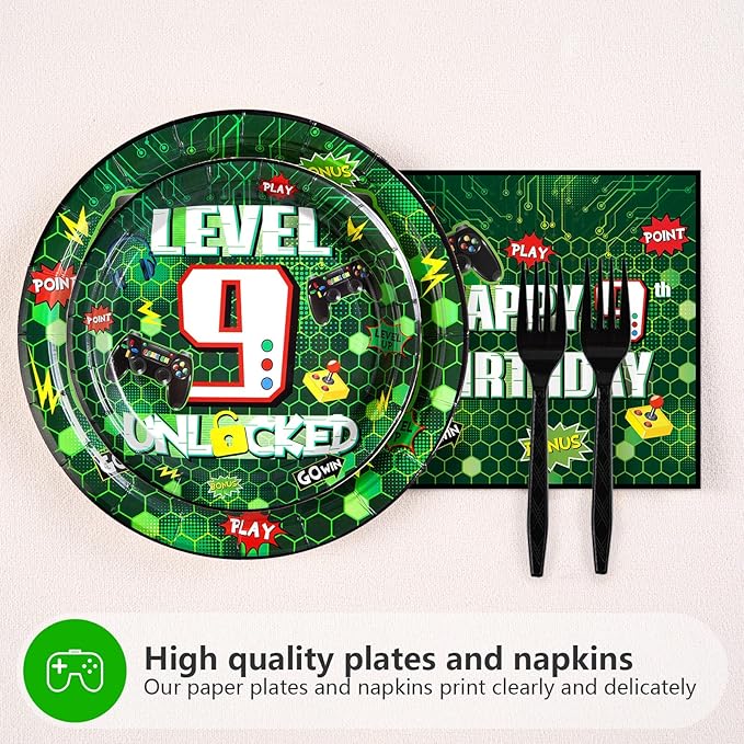 Grencian 96 Pcs 9th Video Game Birthday Party Decorations Green Video Game Level 9 Birthday Plates and Napkins Tableware Sets for Kids Boys 9 Years Old Gamer Gaming Party Supplies Favors Serves 24