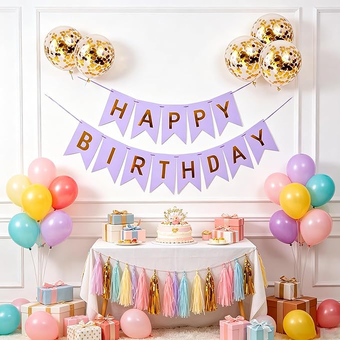 Happy Birthday Banner Sign Bunting Hanging Decorations with Shiny Gold Balloons Birthday Party Sign Decor for Party Supplies(Purple)