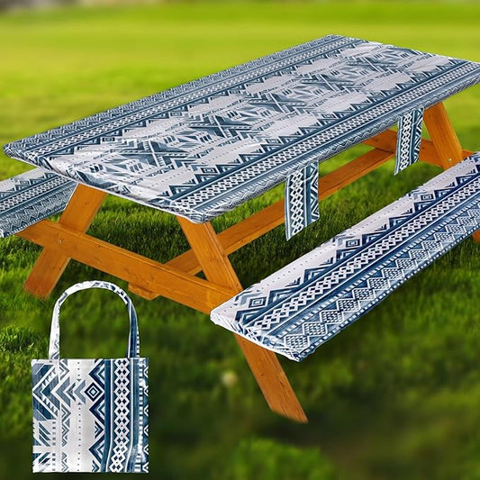 Fitted Picnic Table Cover with Bench Covers Waterproof Elastic Edges Rectangle Patio Tablecloth Outdoor Camping Essentials Stuff Rv Accessories Summer Trip Travel Camper Gifts for Woman Men, 72in 6 ft