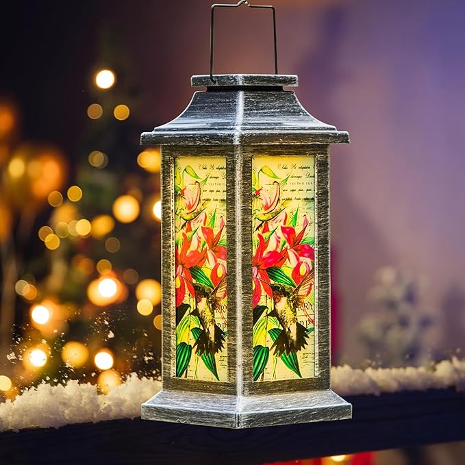 Topadorn Vintage Hummingbird Solar Lantern, Hanging Outdoor Light with Floral Print, Waterproof LED Lamp for Garden Patio Yard Decor
