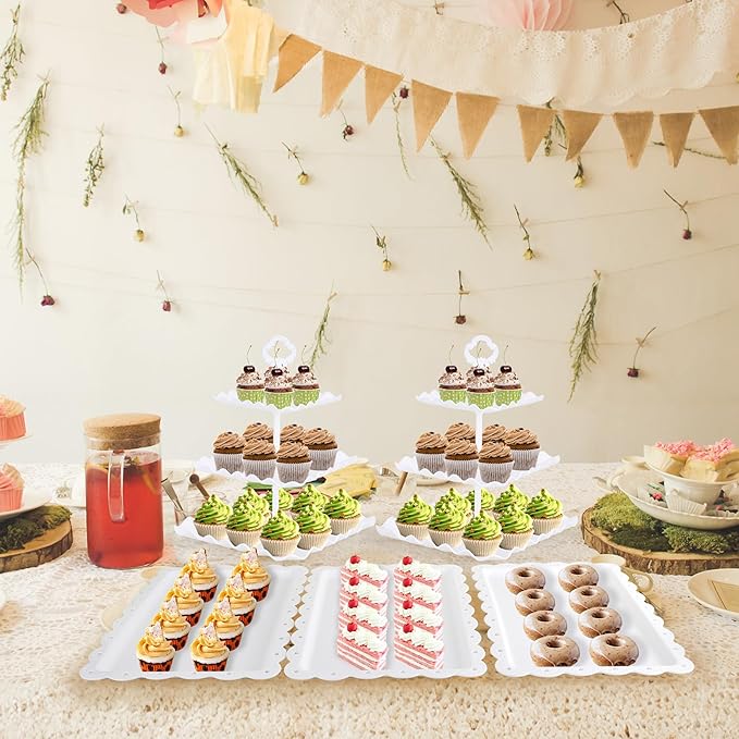 6 Pcs Dessert Table Display Set - 2 X Cupcake Stand Holder/Cup Cake Tier Tower & 4 X Serving Tray Combo for Tea Party, Birthday, Baby Shower (Square Pure White)