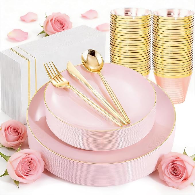 MirthMood 210PCS Pink Plastic Plates with Gold Rim ??Plastic Plates Set Includes 30 Dinner,30 Dessert Plate,30 Cup&30 Napkins 90 Gold Silverware for Wedding&Birthday Parties&Mother's Day