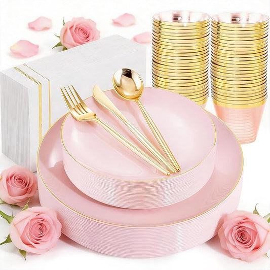MirthMood 350PCS Pink Plastic Plates with Gold Rim ??Plastic Plates Set Includes 50 Dinner,50 Dessert Plate,50 Cup&50 Napkins 150 Gold Silverware for Wedding&Birthday Parties&Valentine's Day