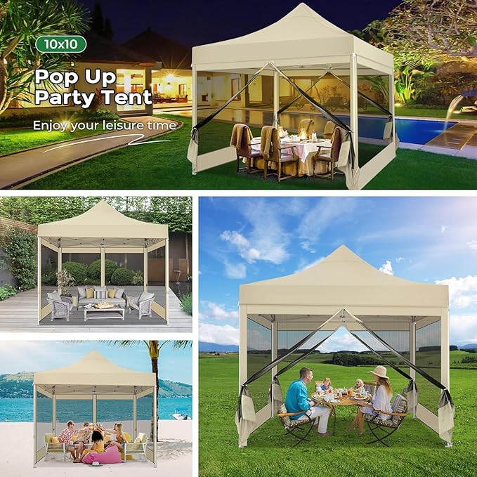 COBIZI 10x10 Heavy Duty Pop Up Canopy Tent with 4 Sidewalls, Easy Set Up Outdoor Waterproof Screen Commercial Party Tent with Mosquito Netting for Parties Backyard Patio, Carry Bag, Khaki