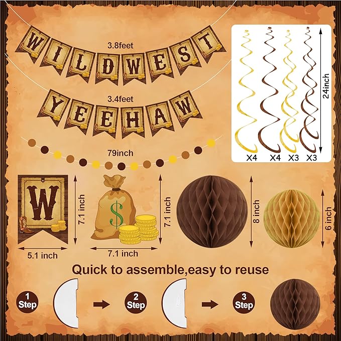 Western Party Decorations Pre-Strung Wild West Yee Haw Banner West Cowboy Hanging Swirls Honeycomb Balls Circle Dots Garland Ceiling Streamers for boys Western Cowboy Themed Birthday Party Decor